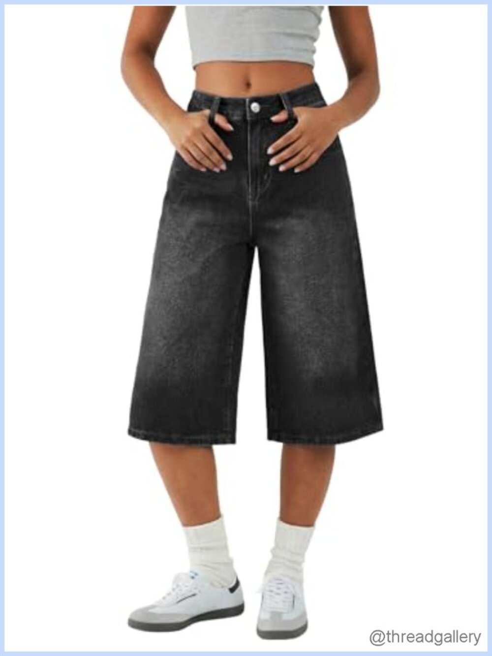 Cotton Blend Bermuda Jean Shorts Mid Waisted Wide Leg Denim Jorts Y2K Grunge